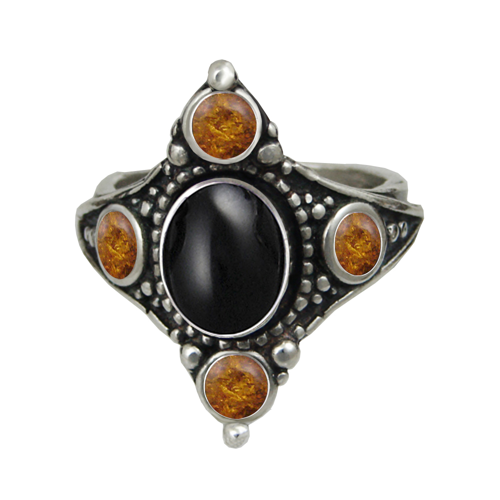 Sterling Silver Renaissance Queen's Ring With Black Onyx And Amber Size 9